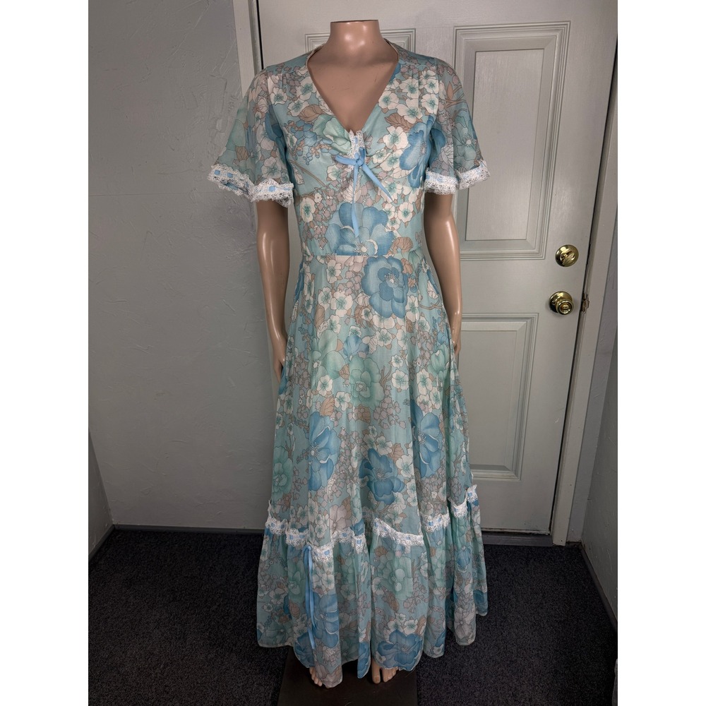 Vintage 70s Dress Cottage Prairie Lace Party Bohemian Floral Cotton Flutter NN9